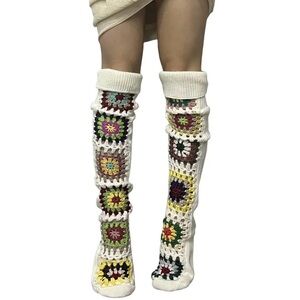 WHITE Granny Square Over the Knee Socks
